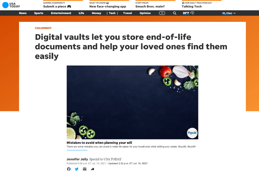 USA Today features Clocr in an exclusive feature on Digital Vaults